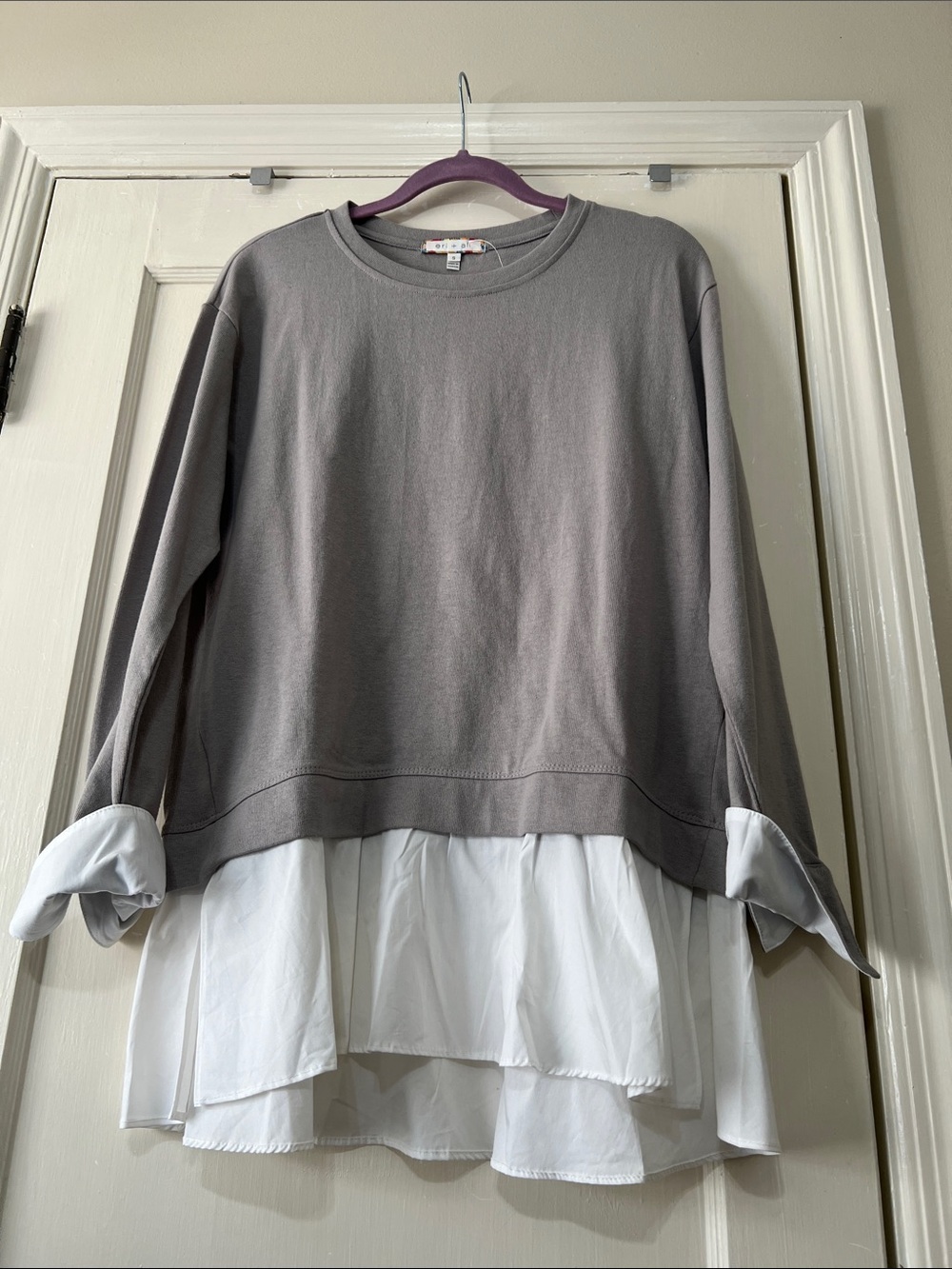 Eri & Ali Layered Hem Pullover Sweatshirt - Gray with White Tiered Hem